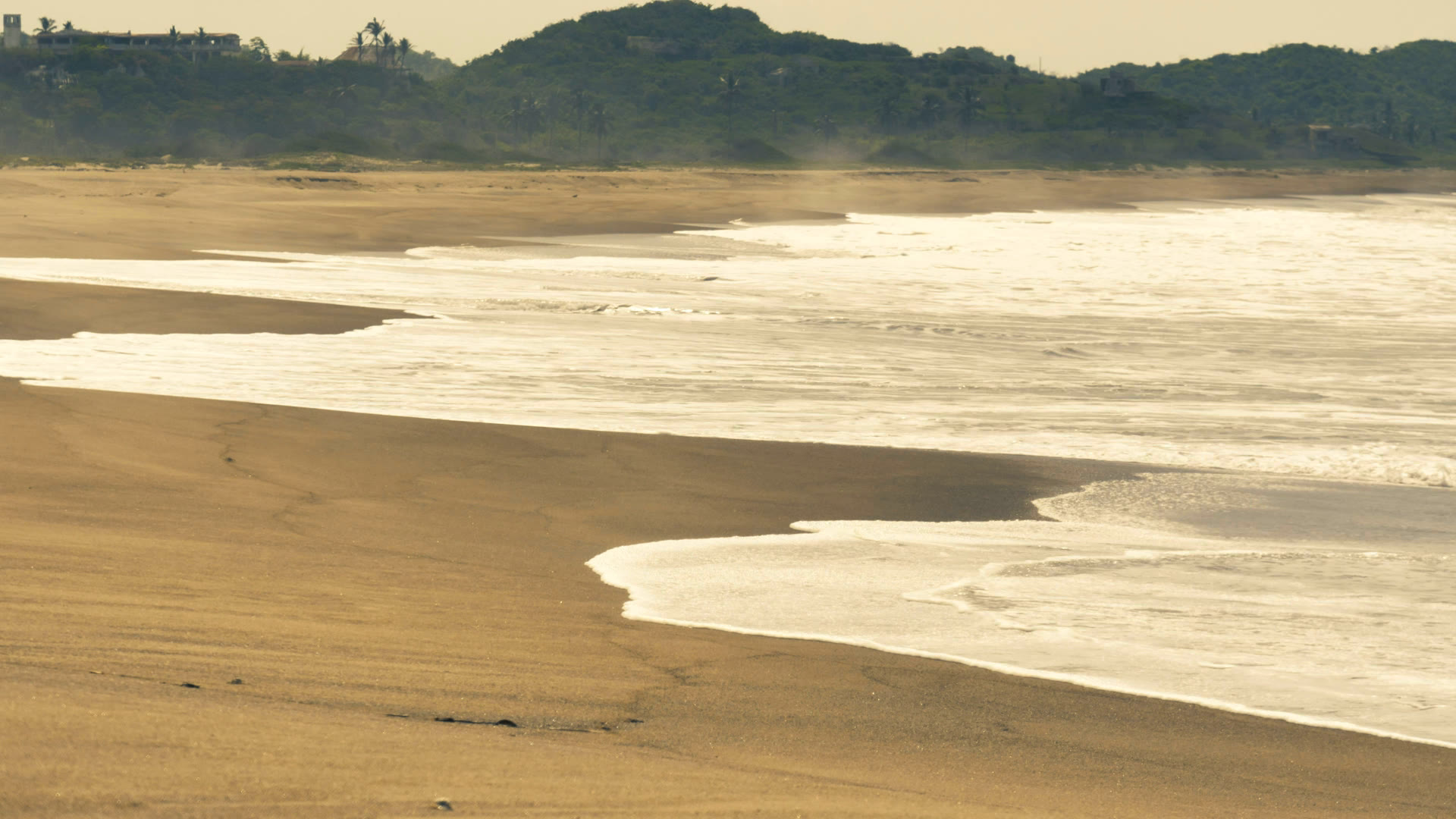 The tide drawing a long curved line down an empty beach