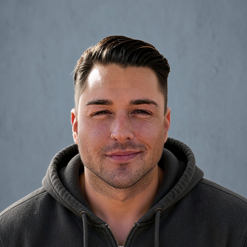 Brett San Antonio, smiling, in a charcoal hoodie